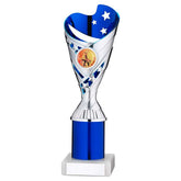 SILVER/BLUE PLASTIC 'SABRE' CUP ASSEMBLED ON MARBLE (1in CEN) - 9in